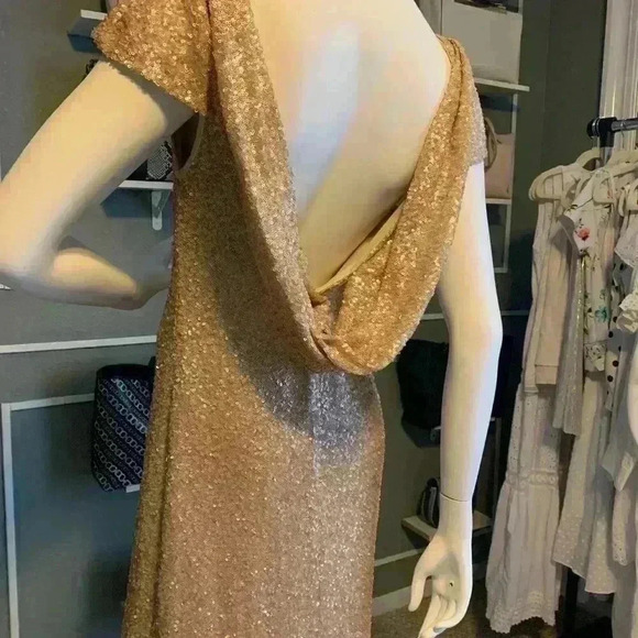 Sorella Vita Cowl Back Sequin Gown Drape Back Gold Cap Sleeve Maxi Dress Sz: 16 - Picture 8 of 15